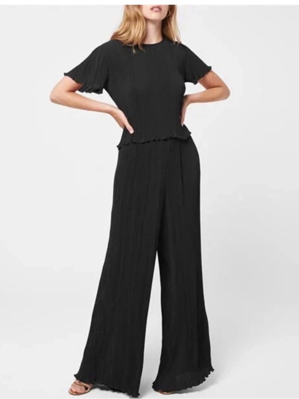 Good American Black Plissé Pleated Top & Wide Leg Pants 2 Piece Set